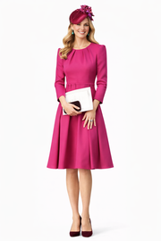 Raspberry Pink Puff Sleeve Pleated Fit & Flare Dress