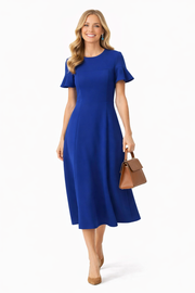 Navy Flutter Short-Sleeved A-line Midi Flare Dress
