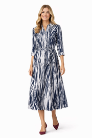 Navy and white Zebra Printed Belted Cotton Dress