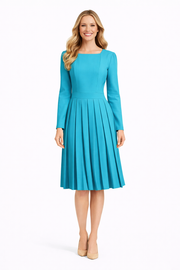 Teal Fit-and-Flare Midi Pleated Dress with Square Neck