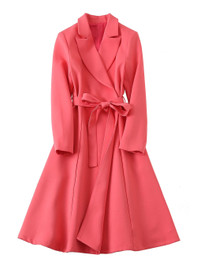 Long Sleeve Belted Fit-and-Flare Coat Dress in Coral