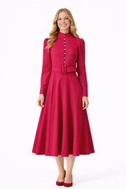 Fuchsia High Neck Puffy Long Sleeve Fit-&-Flare Midi Coat Dress