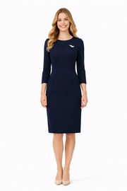 Navy Piped Sheath Pencil Dress with Keyhole Neckline