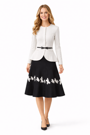 White Belted Fitted Jacket and Black A-line Floral Skirt Suit