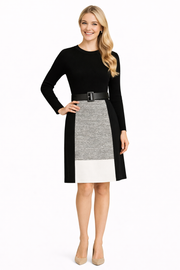 Queen Letizia Inspired Belted Colorblock A-line Skirt Set with Black Rib-Knit Top