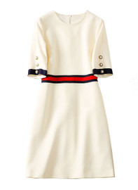 Cream A-line Dress with Cinched Waist and Quarter Sleeve