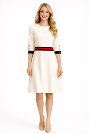 Cream A-line Dress with Cinched Waist and Quarter Sleeve