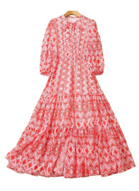 Tiered Fit-and-Flare Dress with Geo Print and Elbow-length Sleeves