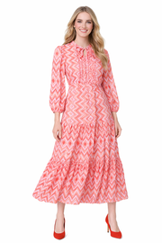 Tiered Fit-and-Flare Dress with Geo Print and Elbow-length Sleeves