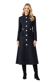 Navy Military-Style Coat Dress with Stand Collar & Contrast Buttons