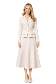 Embroidered Motif Oatmeal Belted Blazer & A-Line Skirt Suit