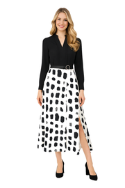 Black V-neck Blouse & Belted Two-Tone Side Slit Midi Skirt Set