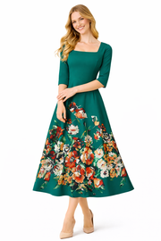 Square Neck Green Floral Fit-and-Flare Dress Inspired by Lady Kitty Spencer
