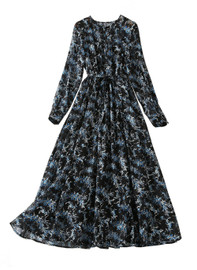 High Neck Floral Midi Dress with Textured Velvet Print