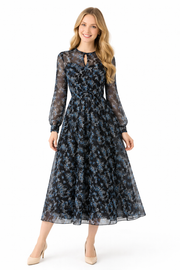 Floral Print Chiffon Fit-And-Flare Keyhole Midi Dress