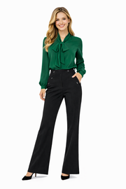 Green Pussy-bow Long Sleeve Blouse & Black Button Wide-leg Pants