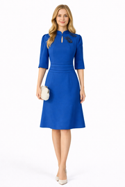 Royal Blue Embellishment Neckline Fluted Dress with Puffy Sleeve