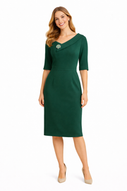 Green Elbow-Length Pencil Dress with Angled Collar