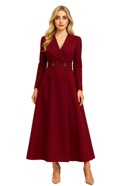 Burgundy Long Sleeve Double-Breasted Wrap Coat Dress