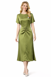 Lime Green Ruched-Front Tulip Sleeve Fit and Flared Midi Dress