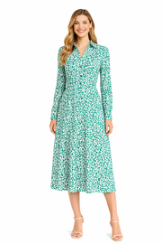 Silk Belted Maxi Shirt Dress in White Green Leopard Pansy Print