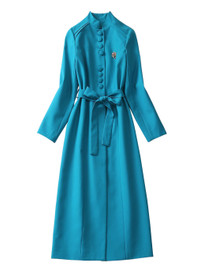 Teal Military Style Button Front High Collar Midi Coat Dress