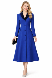 Cobalt Blue Tuxedo Collar LadyLike Flared Mid-Length Coat Dress