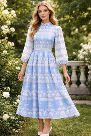 Baby-blue Boho Blouson-sleeved Cornflower  Maxi Dress with a High-neck Collar