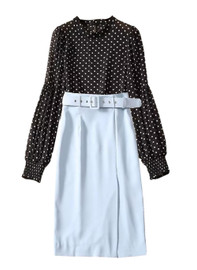 Black Polka Dot Chiffon Blouse & Blue Belted Slit Pencil Skirt Set