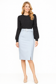 Black Polka Dot Chiffon Blouse & Blue Belted Slit Pencil Skirt Set