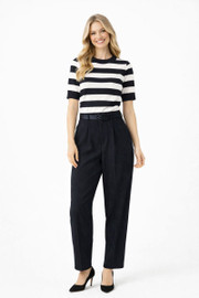 Parisian-style Striped Knitted Top & Black Suit Trousers