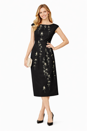 Bateau Neckline Cap-sleeved Floral Embroidered Sheath Midi Dress