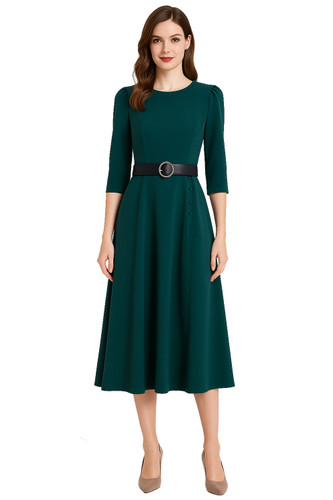 Dark Green Button Details Midi Slit Dress with 3/4 Sleeve