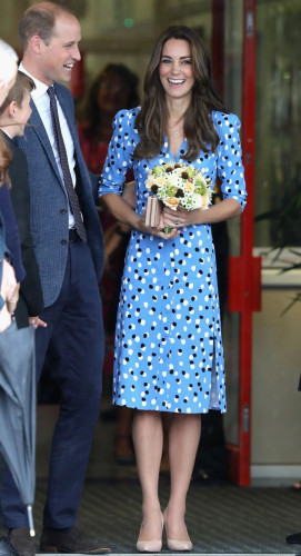 Sky-Blue Polka Dot Midi Dress with V-Neckline and Side Slit