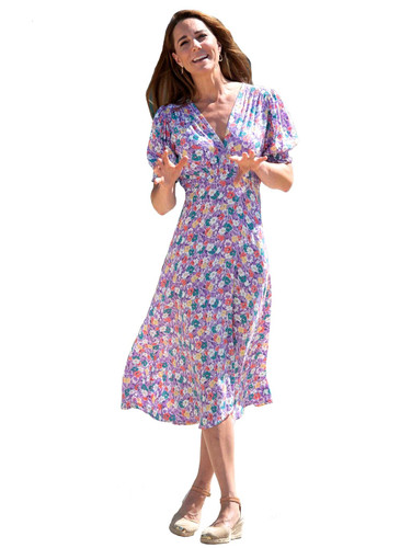 Lavender Floral Midi Dress with V-neck and Short Sleeves