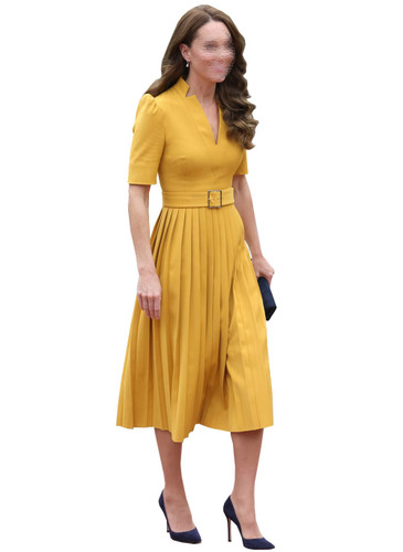 Yellow Pleated Midi Dress with Cinched Belt and Puffy Sleeves