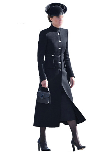 Navy Military-Style Coat Dress with Stand Collar & Contrast Buttons