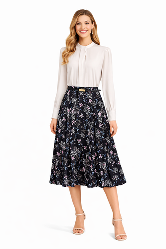 Beige Satin Blouse with Ruffled Neckline and A-line Bird Print Skirt Set