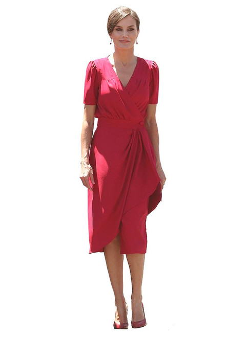 Red Wrap Neckline Empire Ruffled Midi Dress with Slit and Button Detail