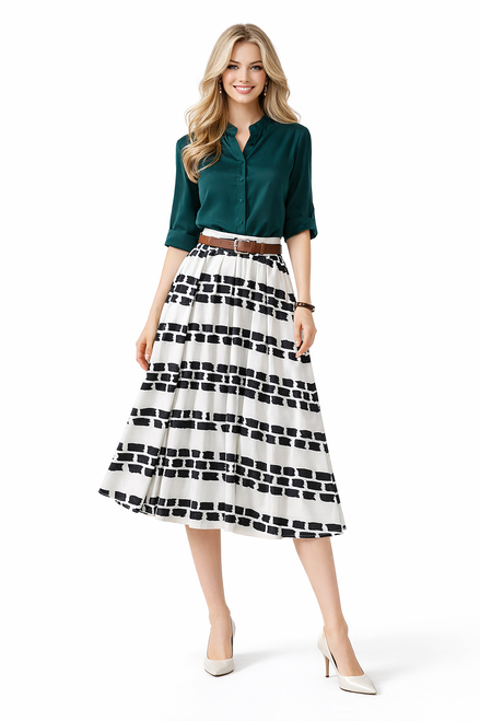 Model wearing a green stand-collar blouse with an ivory and black brushstroke-print paperbag-waist midi skirt
