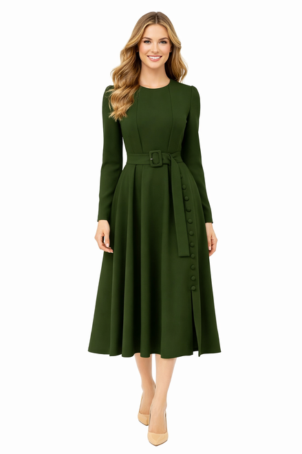 Dark green belted button-detail midi dress with side slit – front view