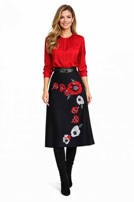 Red silk pintuck blouse and black poppy-print A-line midi skirt set