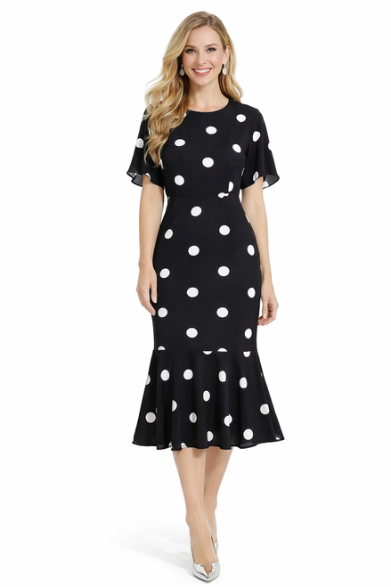 Model wearing a black multicoloured polka-dot midi dress with flutter sleeves, a fitted waist and a ruffled fishtail hem