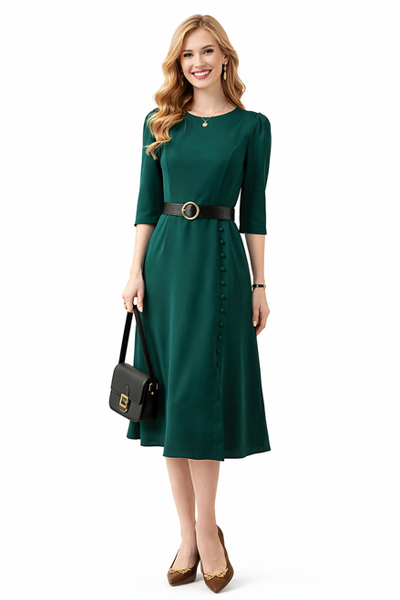 Model wearing a dark green belted midi dress with three-quarter puff sleeves, decorative side buttons and an A-line skirt