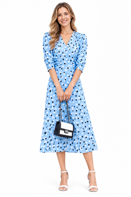 Sky blue polka dot button-front midi dress with side slit – front view