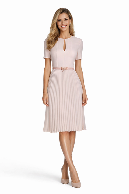 Pastel pink keyhole belted pleated midi dress – front view