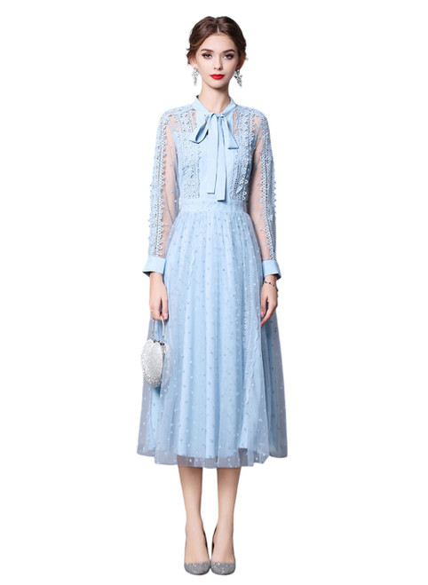 Powder blue pussy-bow embroidered tulle midi dress – front view