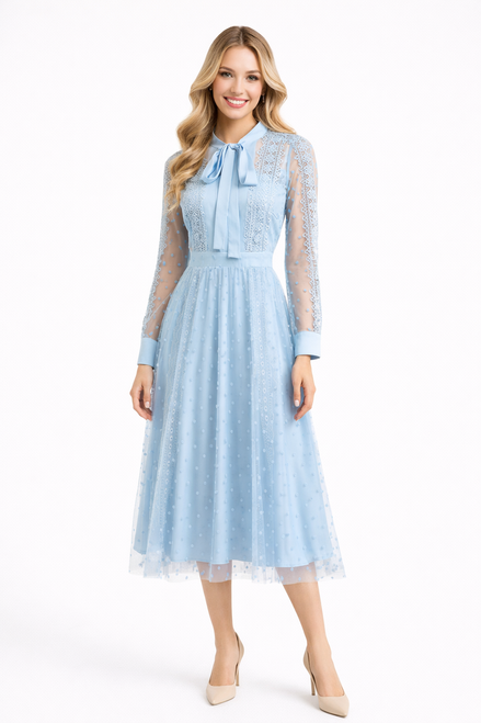 Dust Blue Pussy Bow Embroidered Tulle Dress