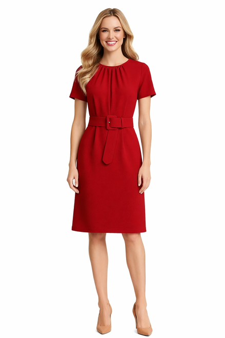 Model wearing a maroon red short-sleeve sheath dress with a pleated neckline and matching waist belt