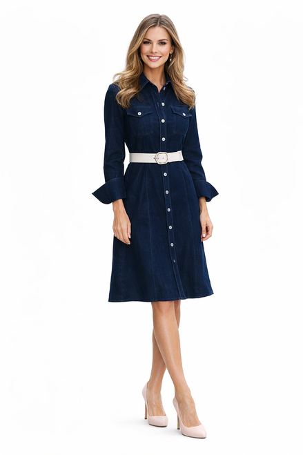 Indigo Stretch-Denim Shirt Dress with Button Front and Belt